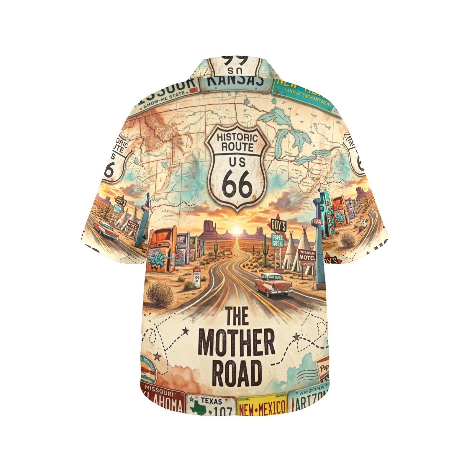 Route 66 The Mother Road Women's All Over Print Hawaiian Shirt （Made in USA，Ships to USA Only）