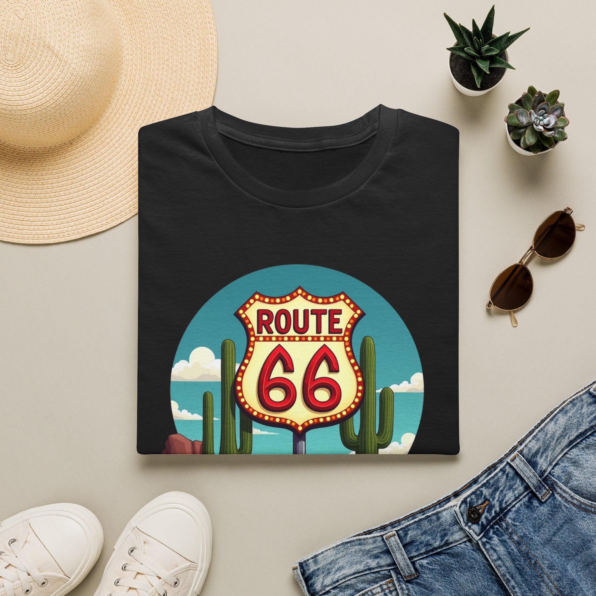 Route 66 Classic Car T-Shirt | Retro Desert Road Sign, Vintage Convertible