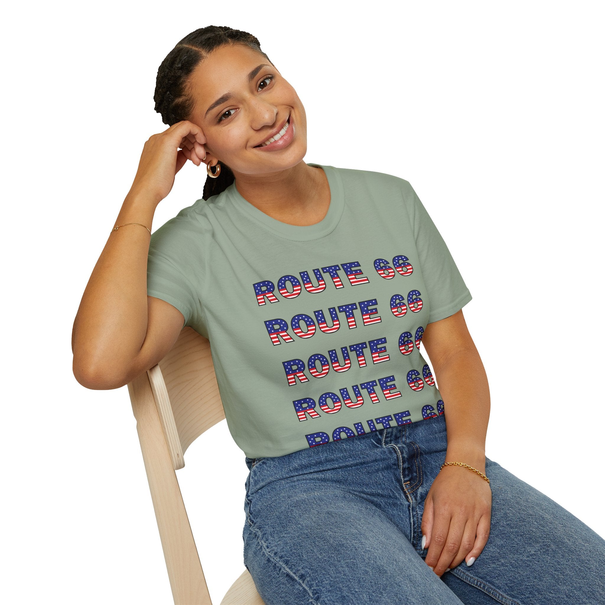 Route 66 Retro Text T-Shirt | American Flag Roadtrip Graphic