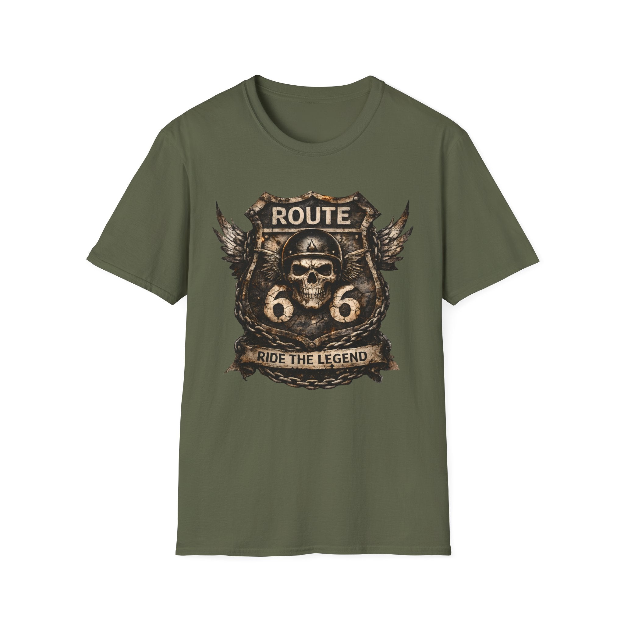 Route 66 Skull Badge T-Shirt | Ride the Legend, Winged Helmet Motorcycle Design