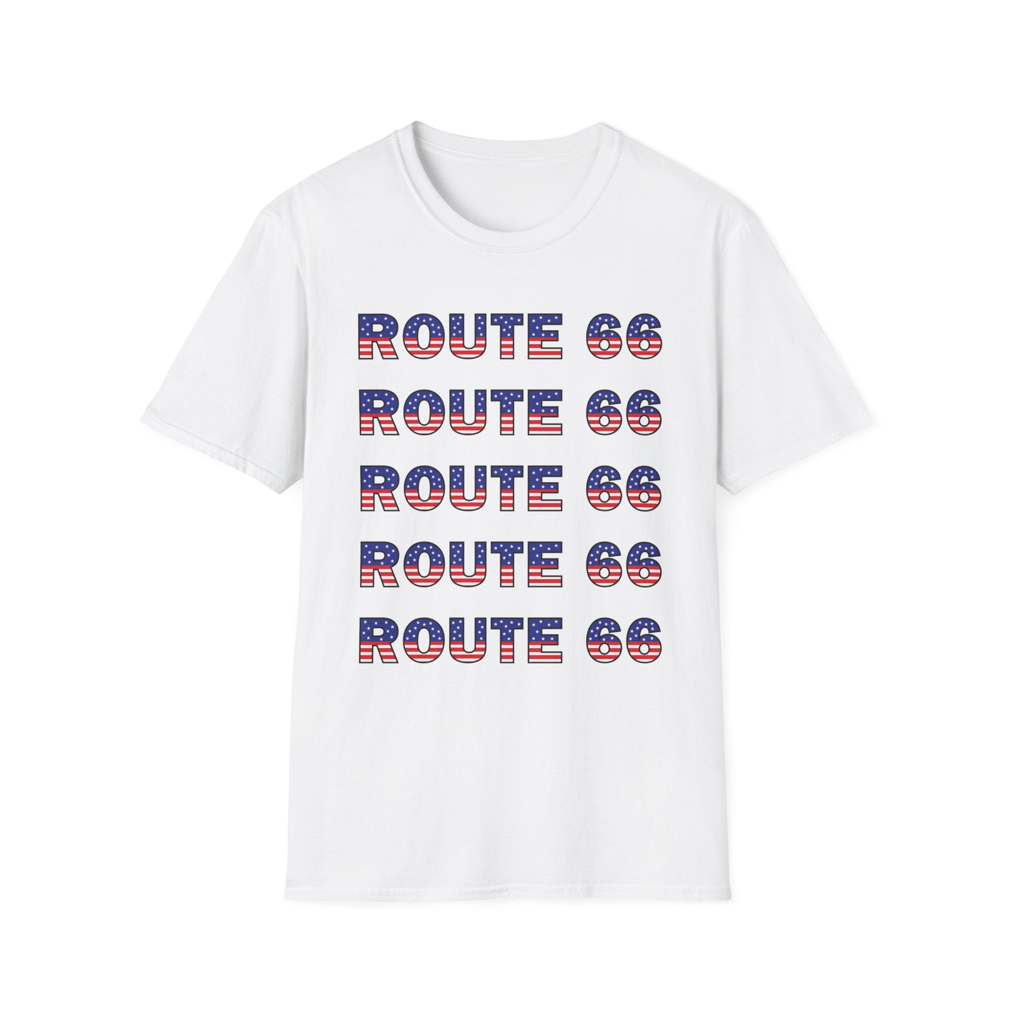 Route 66 Retro Text T-Shirt | American Flag Roadtrip Graphic