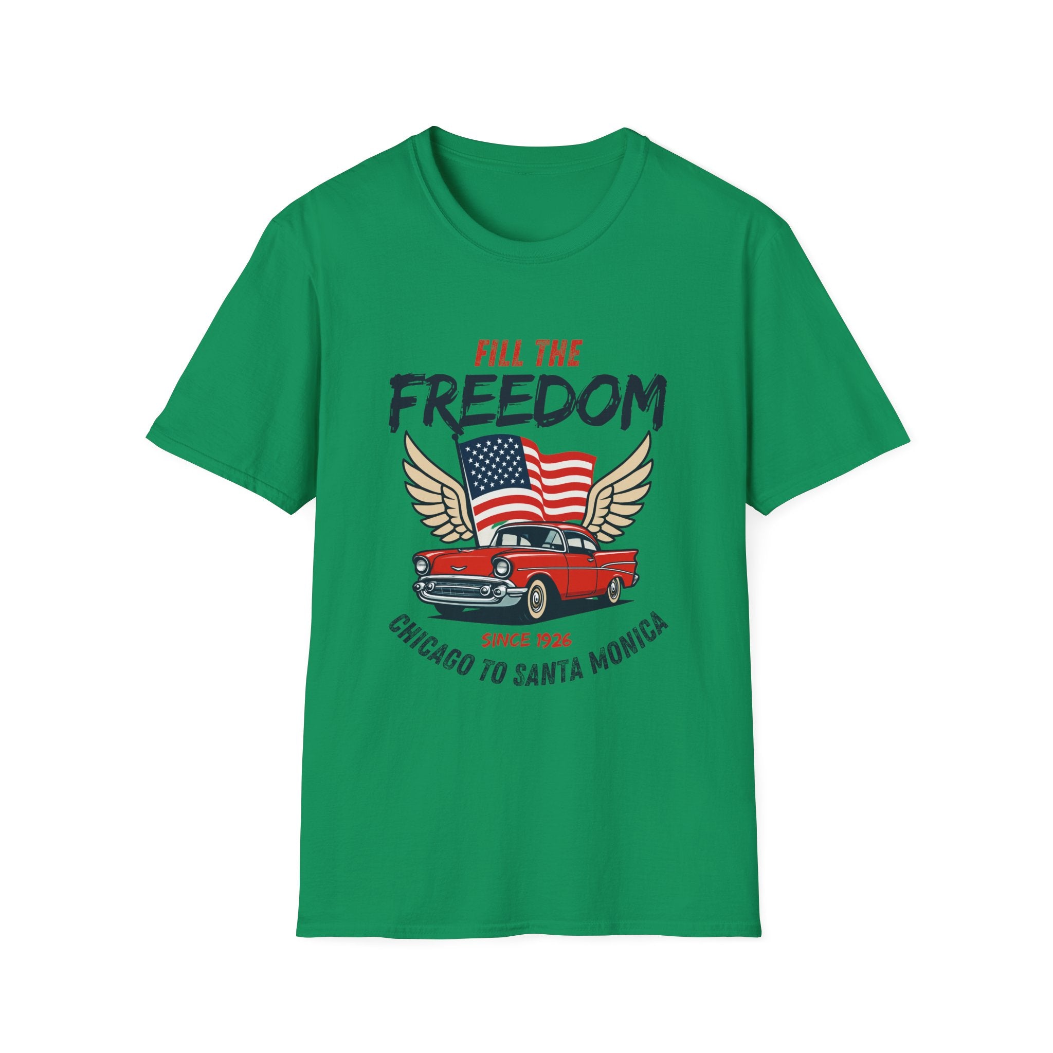 Fill the Freedom Vintage Car T-Shirt | American Flag Wings Chicago to Santa Monica