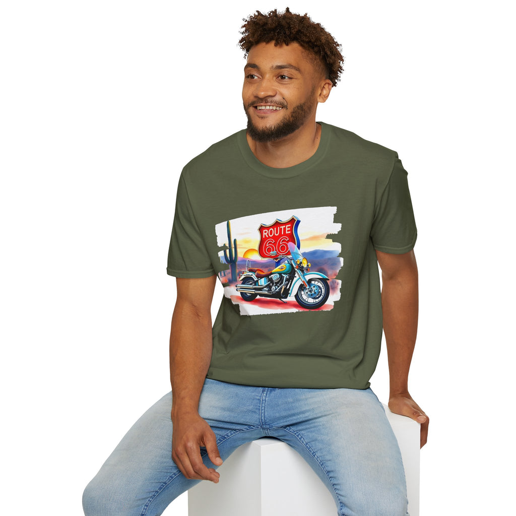 Route 66 Motorcycle T-Shirt | Desert Sunset Biker Graphic