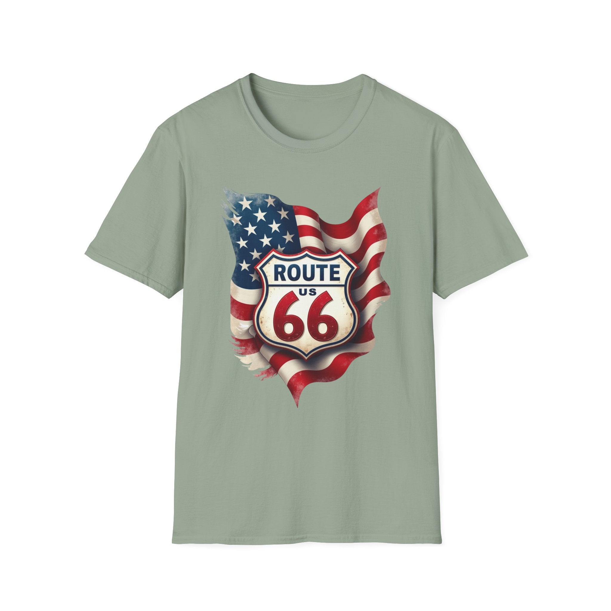 Route 66 Shield with American Flag T-Shirt | Vintage Road Trip Tee