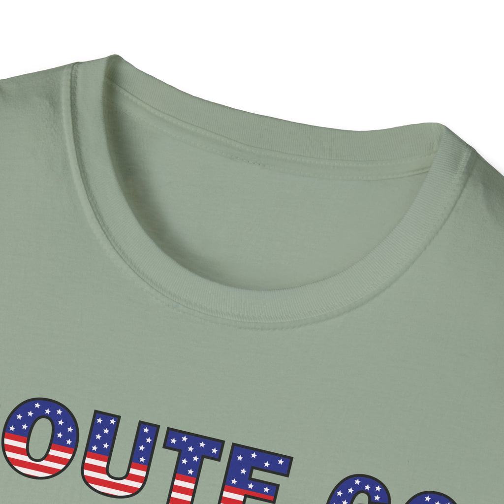 Route 66 Retro Text T-Shirt | American Flag Roadtrip Graphic