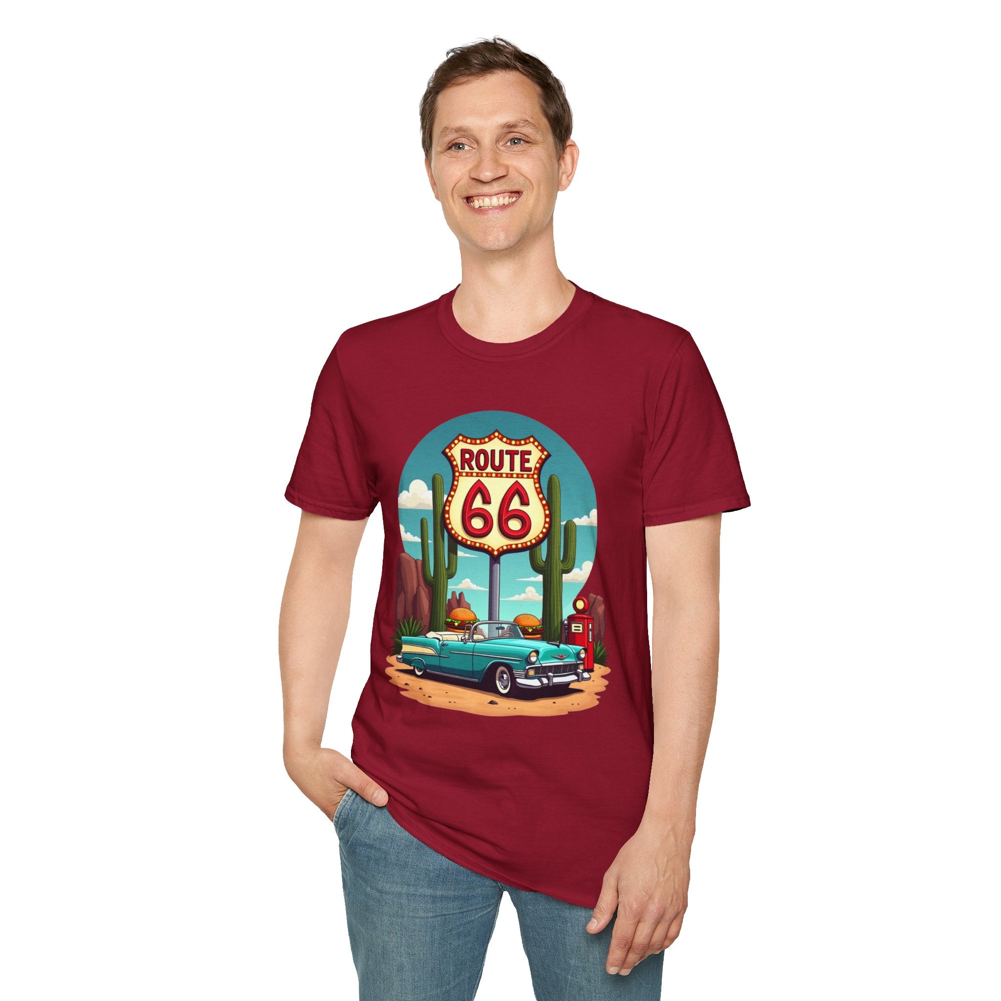 Route 66 Classic Car T-Shirt | Retro Desert Road Sign, Vintage Convertible