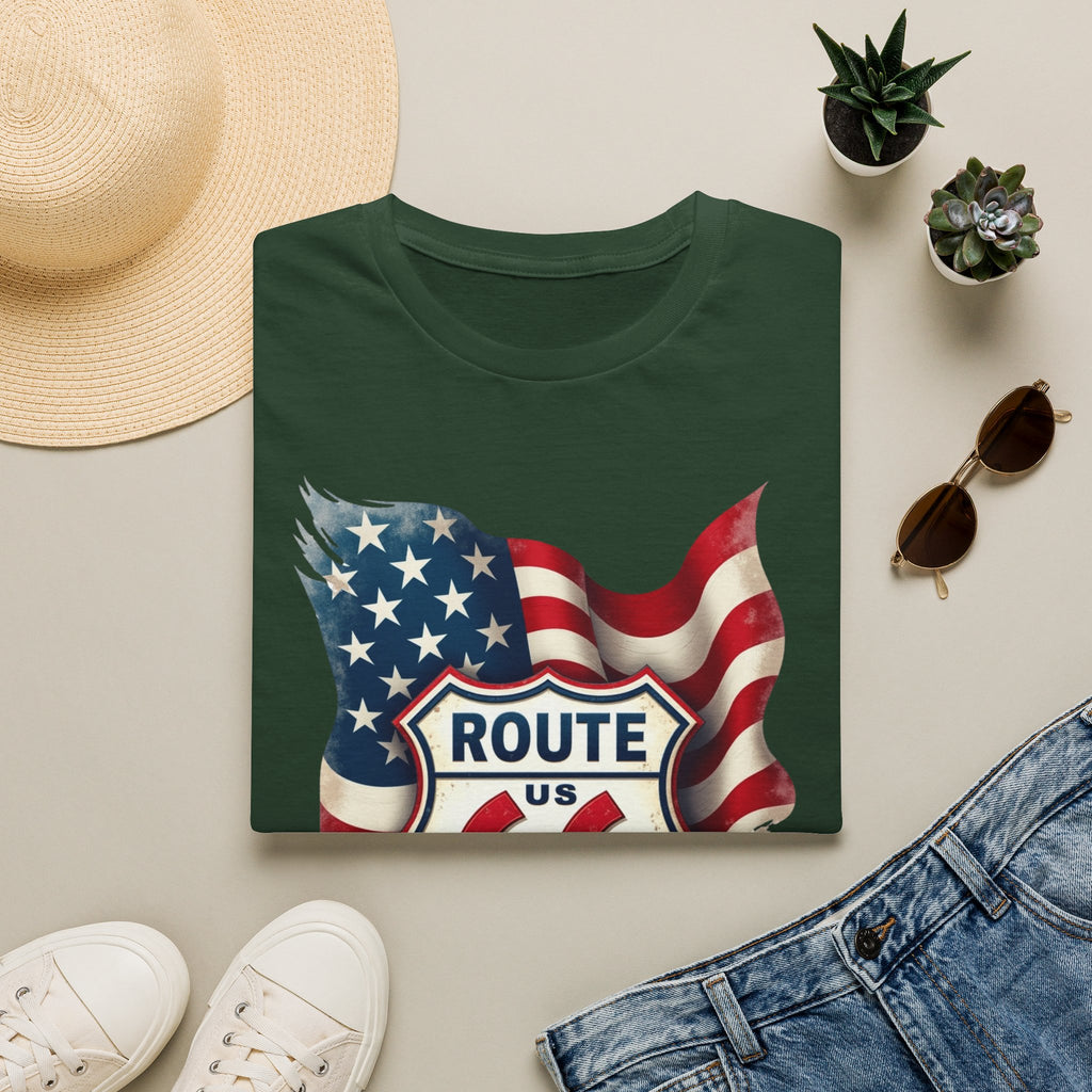 Route 66 Shield with American Flag T-Shirt | Vintage Road Trip Tee