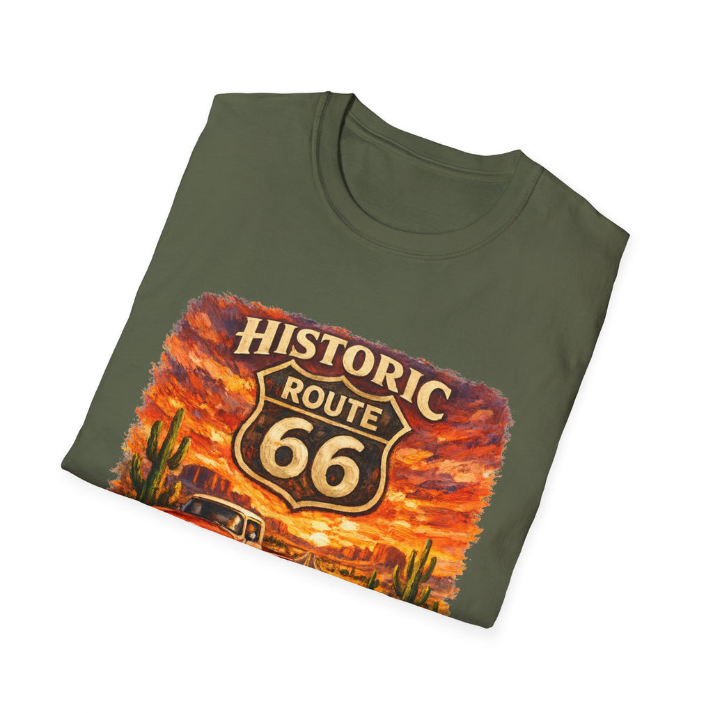 Historic Route 66 Road Trip T-Shirt | Vintage Car Desert Sunset