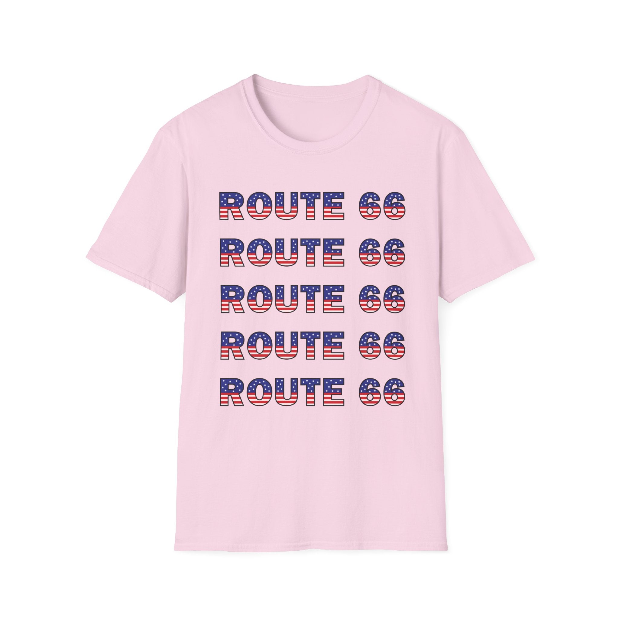 Route 66 Retro Text T-Shirt | American Flag Roadtrip Graphic