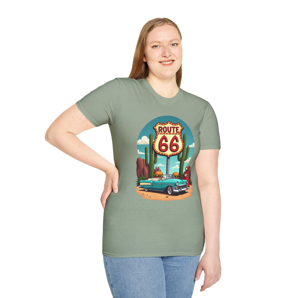 Route 66 Classic Car T-Shirt | Retro Desert Road Sign, Vintage Convertible