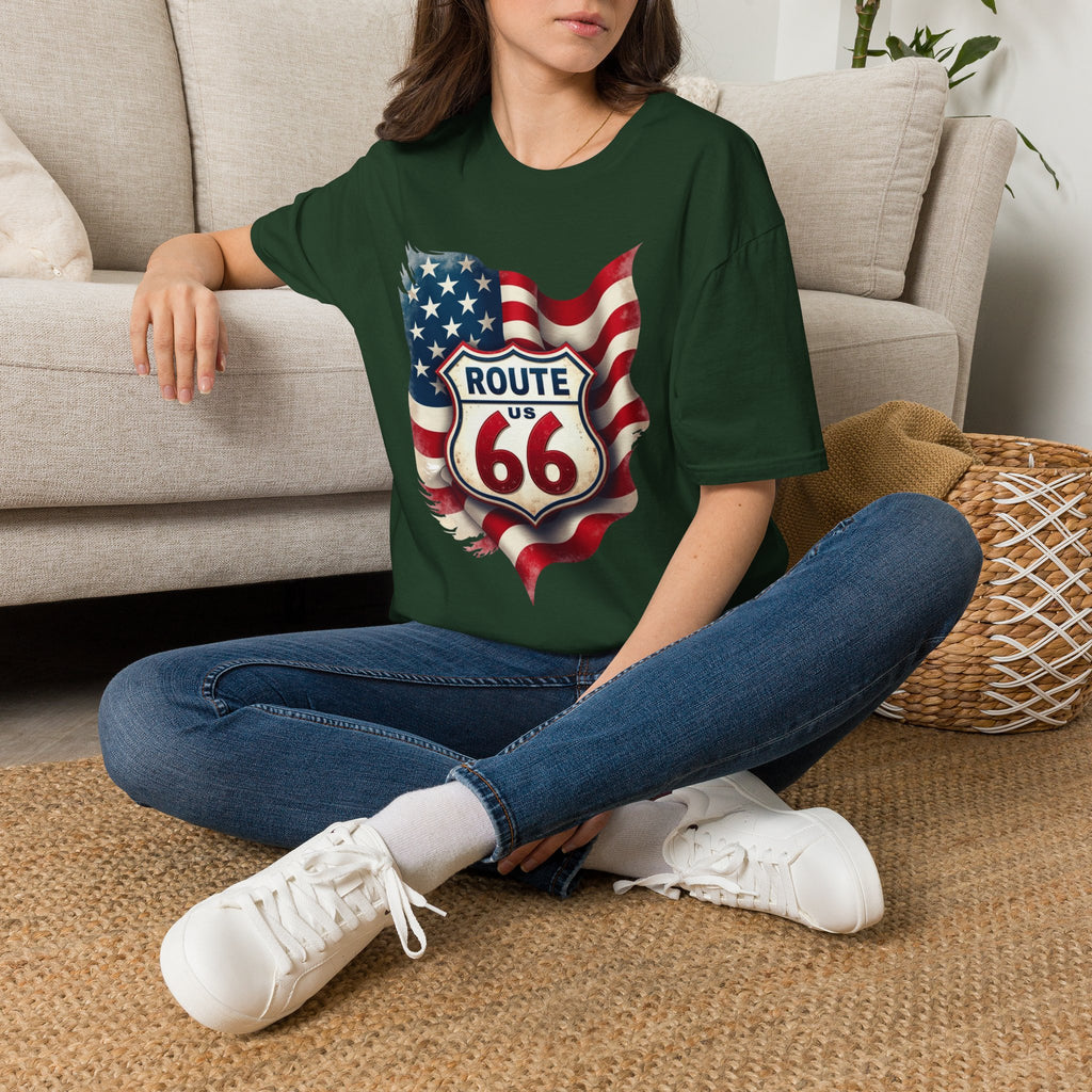 Route 66 Shield with American Flag T-Shirt | Vintage Road Trip Tee