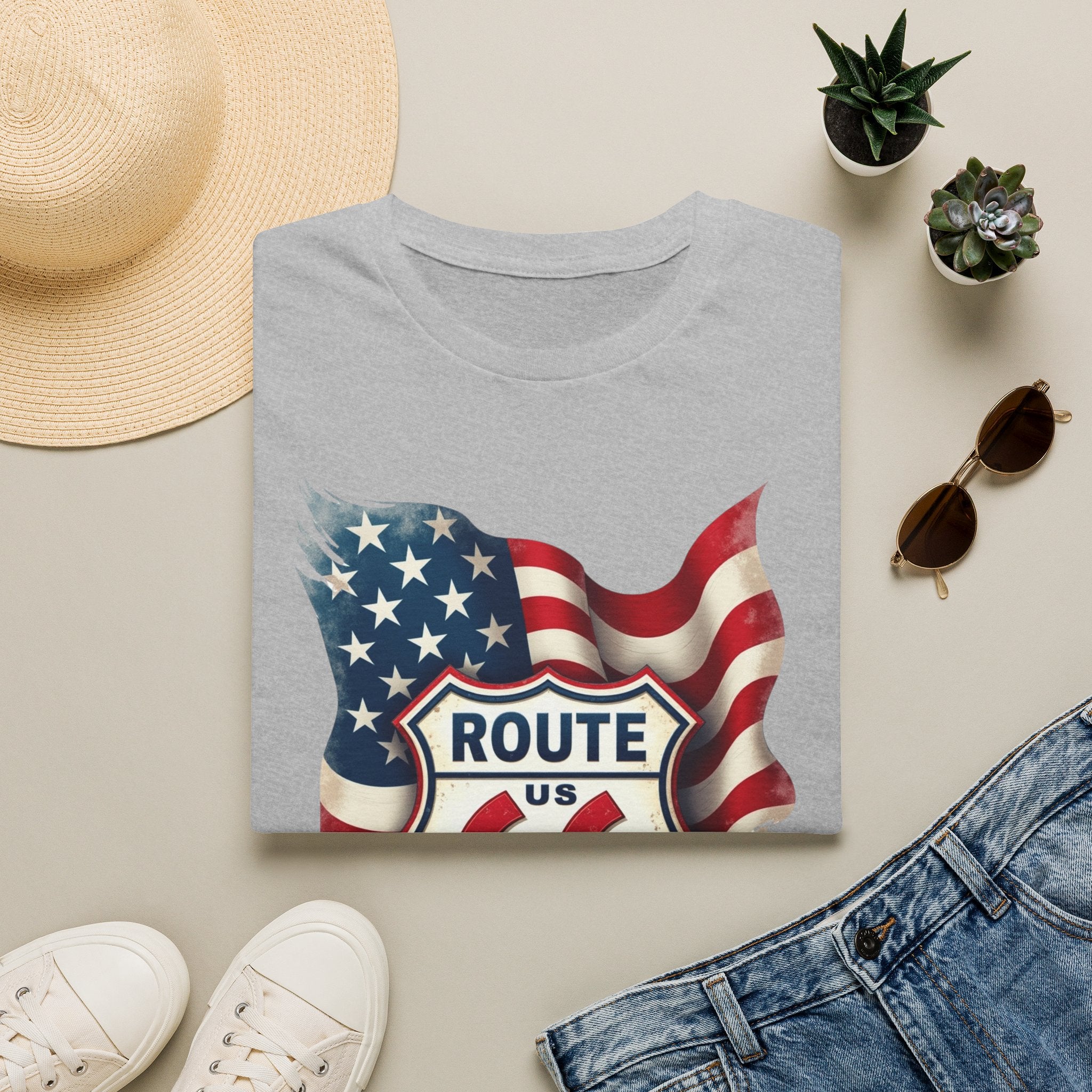 Route 66 Shield with American Flag T-Shirt | Vintage Road Trip Tee