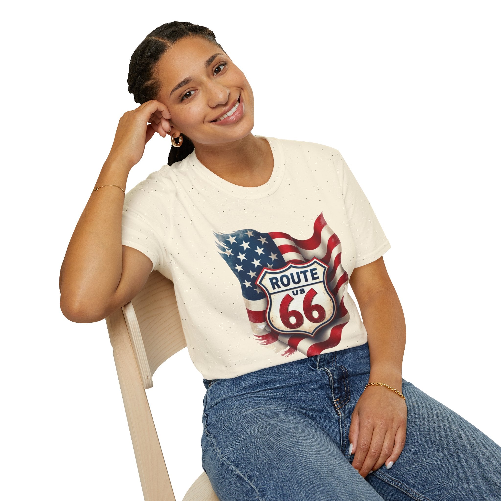 Route 66 Shield with American Flag T-Shirt | Vintage Road Trip Tee