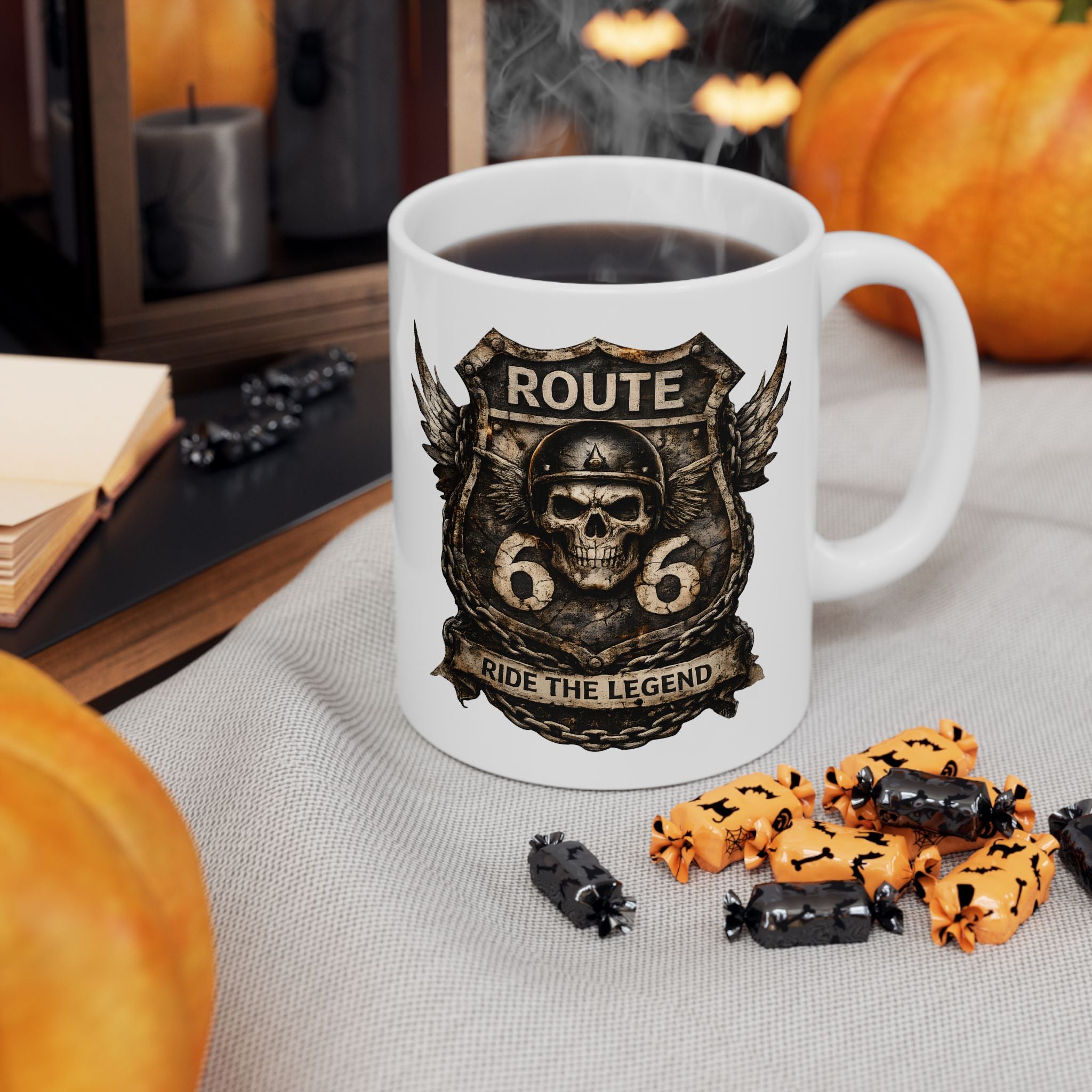 Route 66 Steampunk Owl Crest Mug | Ceramic Coffee Cup