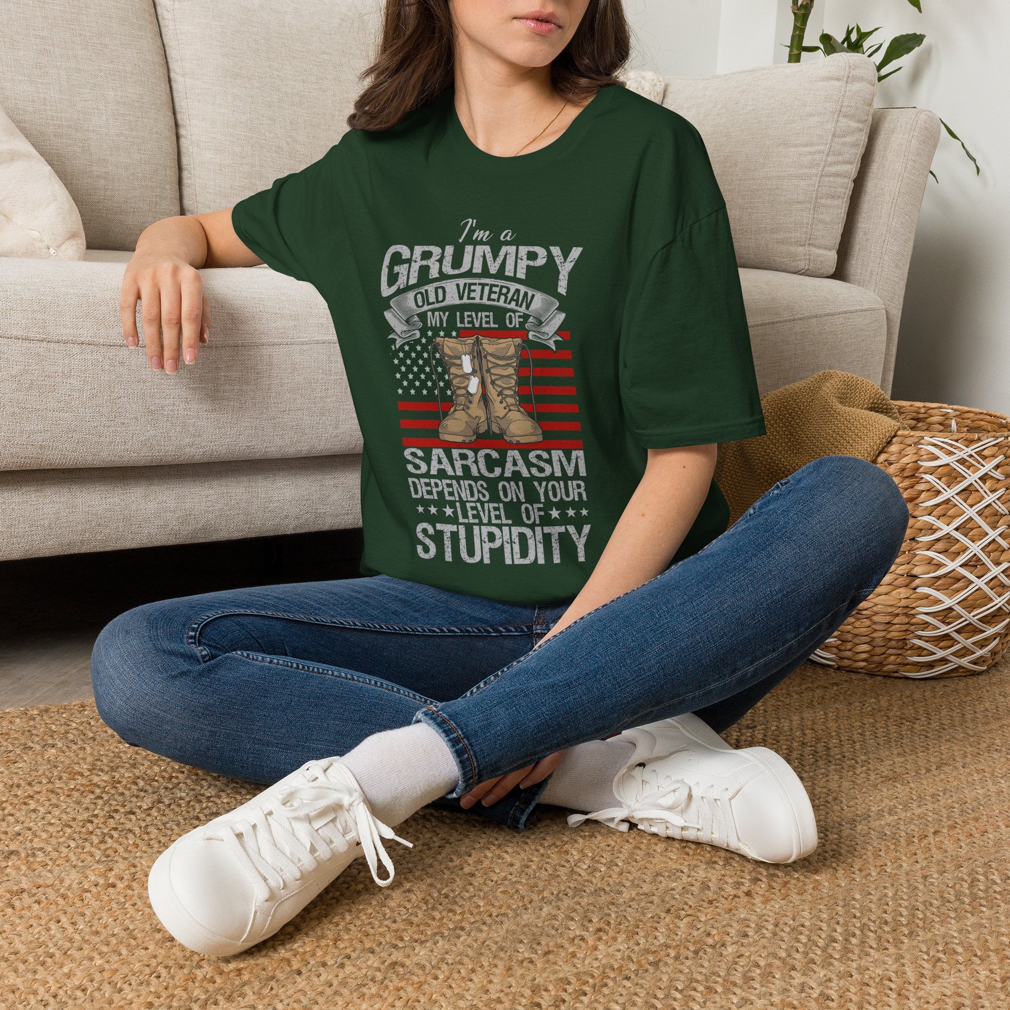 Grumpy Old Veteran Boots, T-Shirt | American Flag, Sarcasm Depends on Stupidity