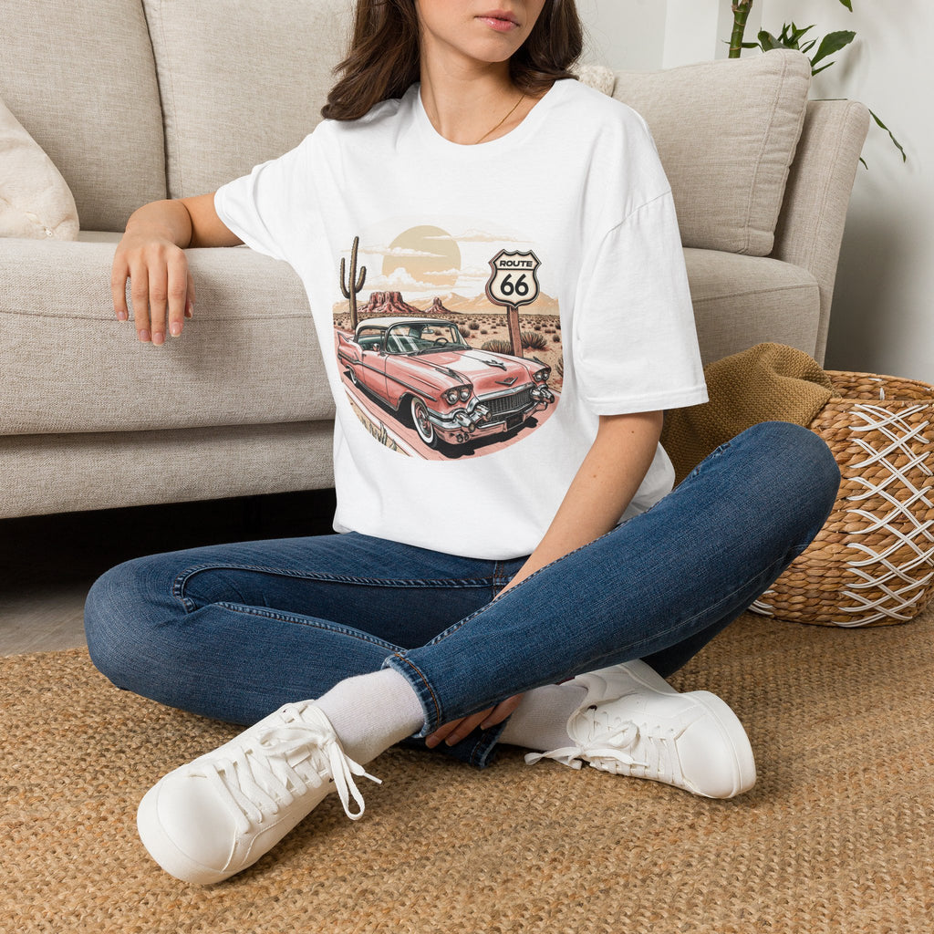 Retro Pink Classic Car Route 66 T-Shirt | Desert Cactus Vintage Roadtrip