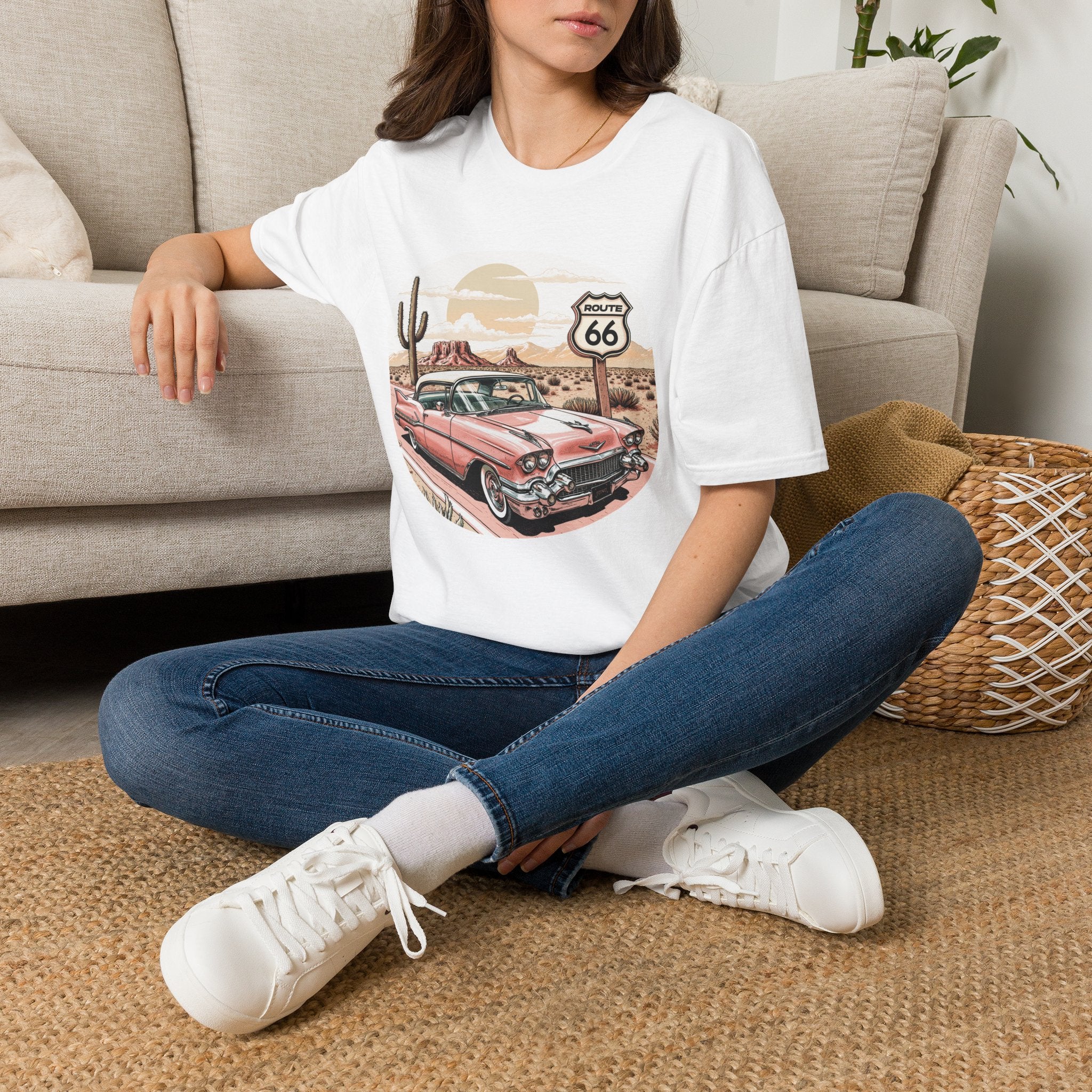 Retro Pink Classic Car Route 66 T-Shirt | Desert Cactus Vintage Roadtrip
