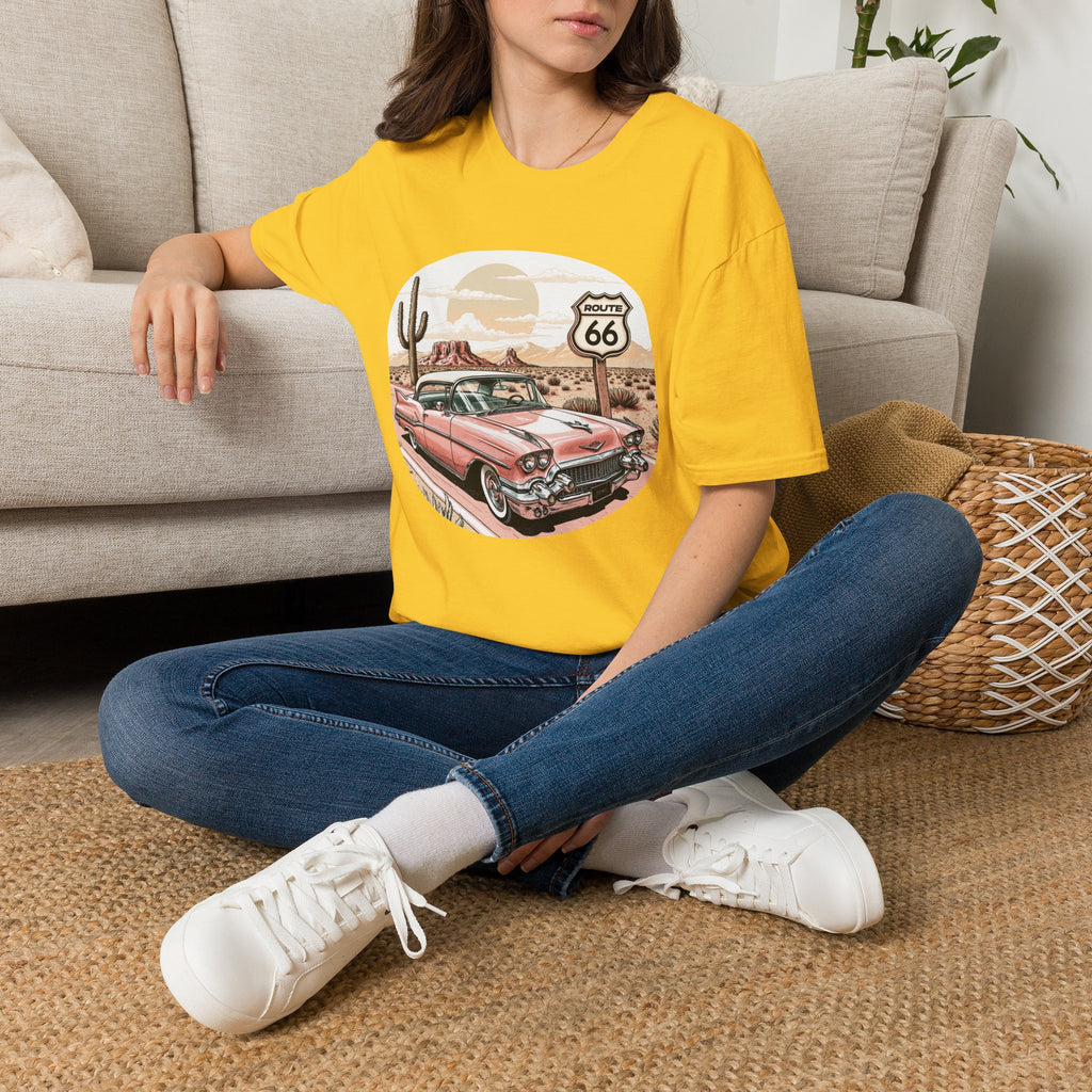 Retro Pink Classic Car Route 66 T-Shirt | Desert Cactus Vintage Roadtrip