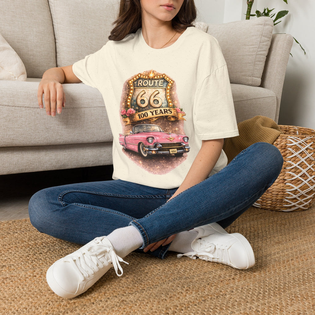 Route 66 100 Years Pink Classic Car T-Shirt | Vintage Road Trip Tee