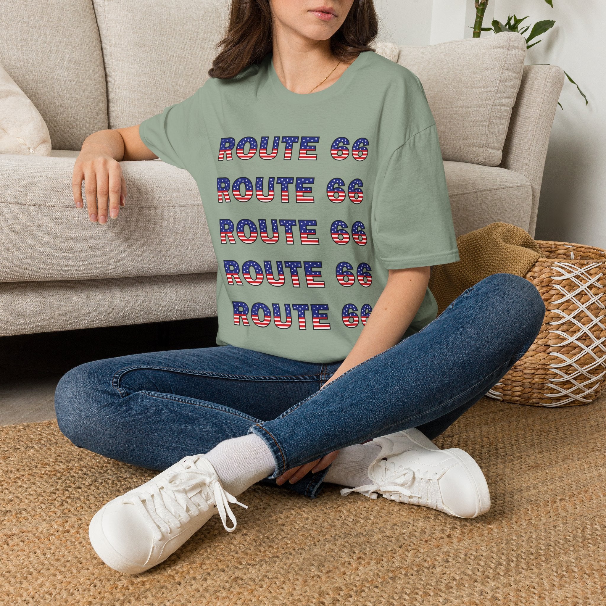 Route 66 Retro Text T-Shirt | American Flag Roadtrip Graphic