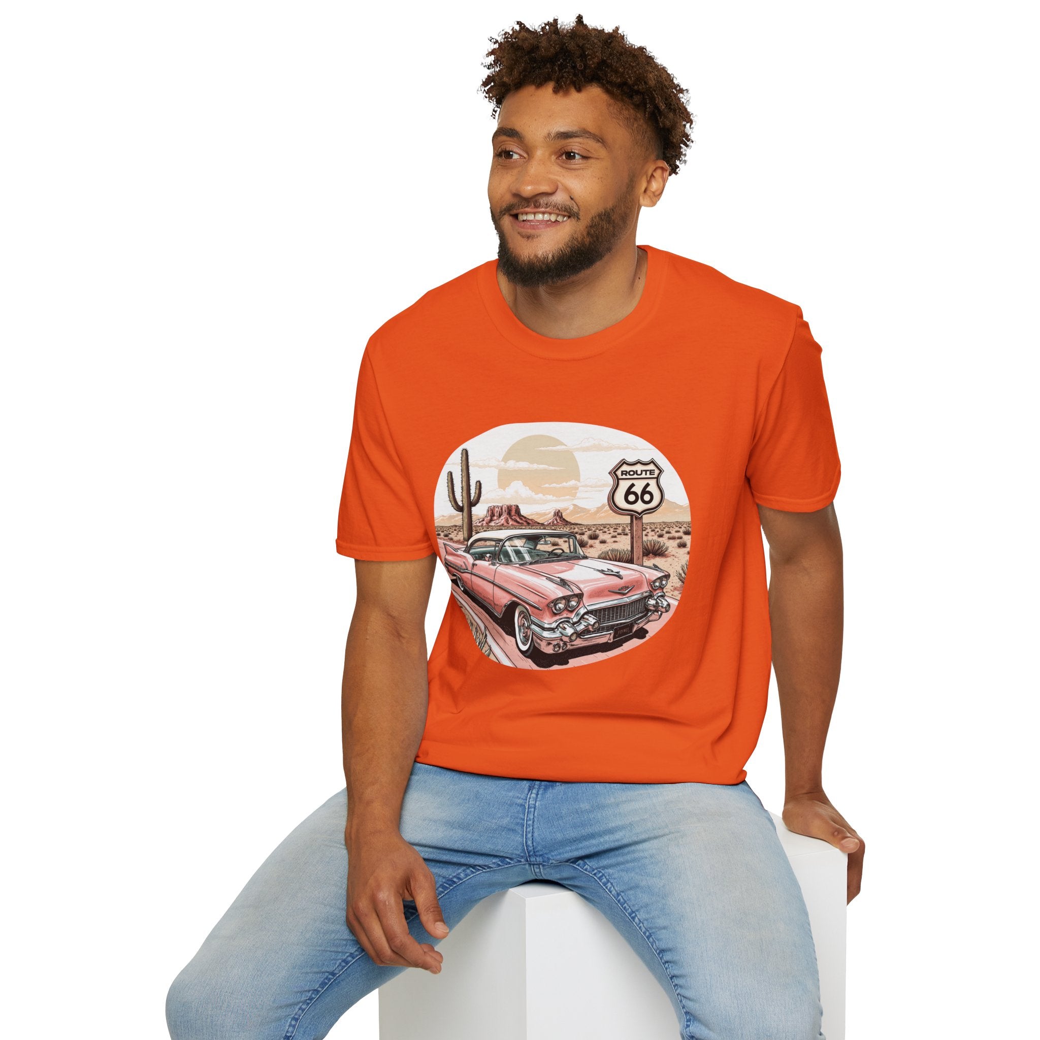 Retro Pink Classic Car Route 66 T-Shirt | Desert Cactus Vintage Roadtrip
