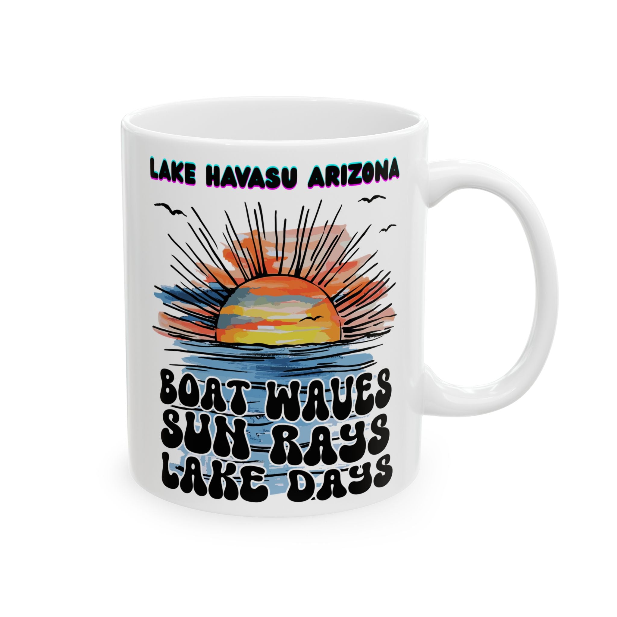 Lake Havasu Arizona Sunset Boat Waves Sun Rays Lake Days Mug | Retro Beach Sunrise Ceramic Mug