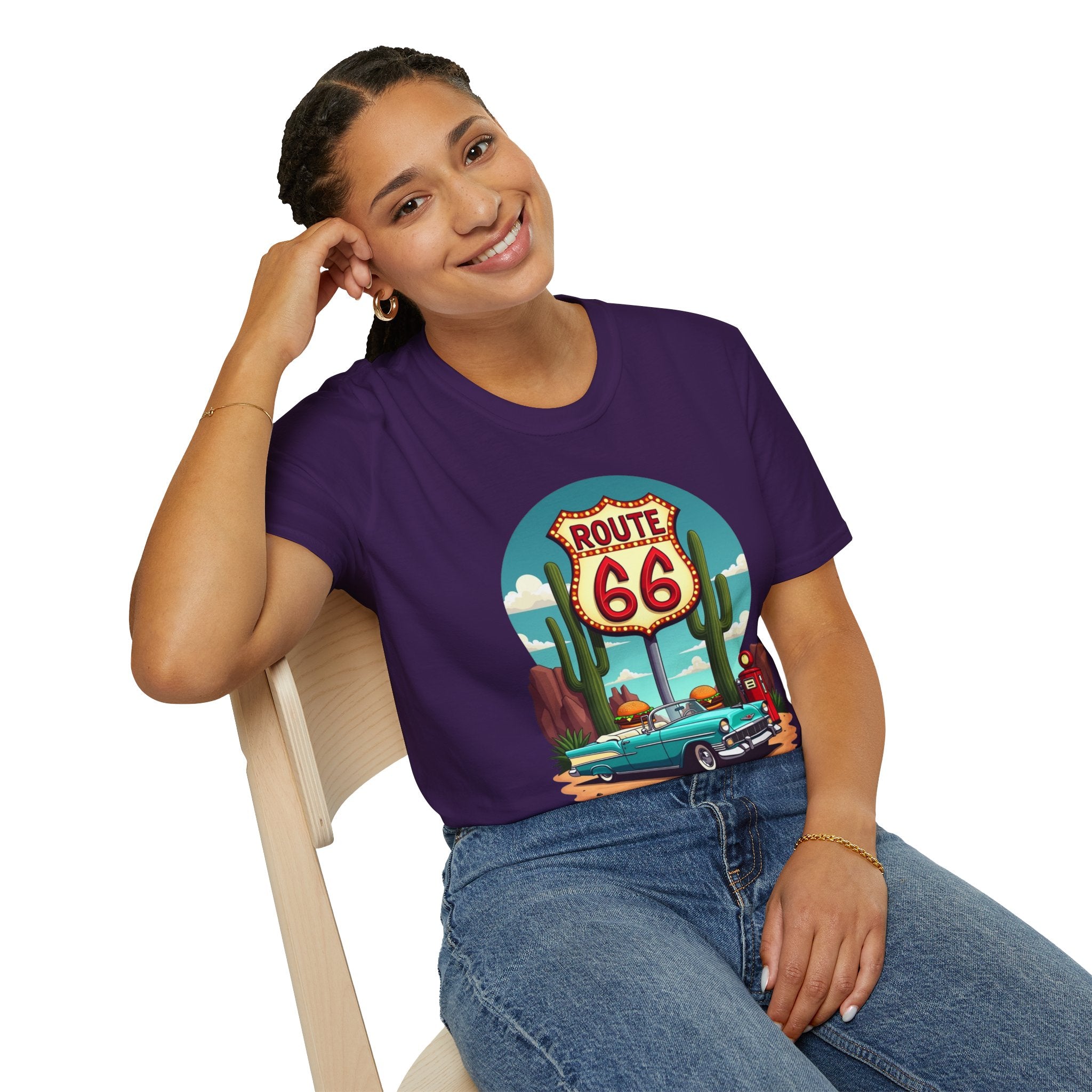 Route 66 Classic Car T-Shirt | Retro Desert Road Sign, Vintage Convertible