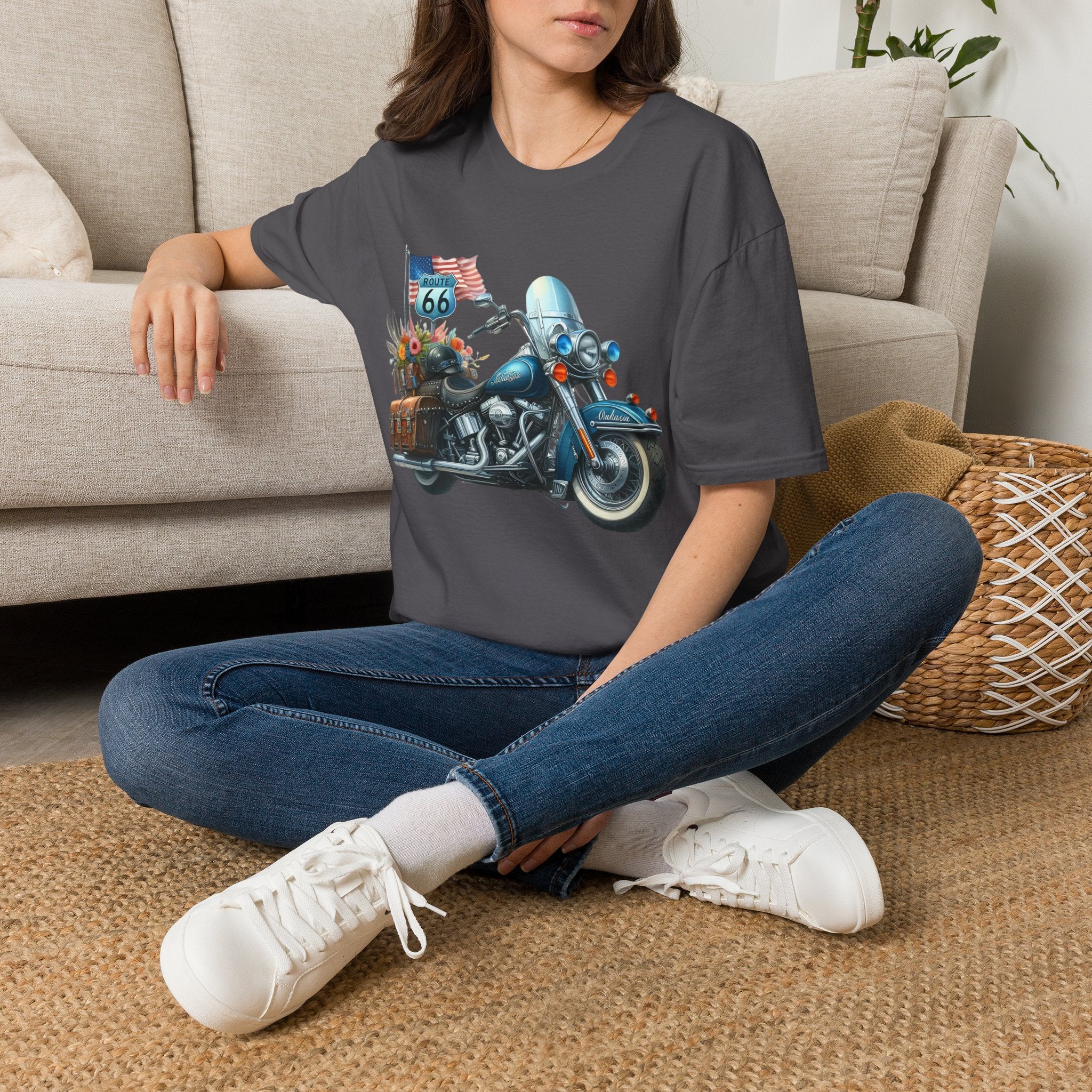 Route 66 Motorcycle Illustration T-Shirt | American Flag, Sunflowers