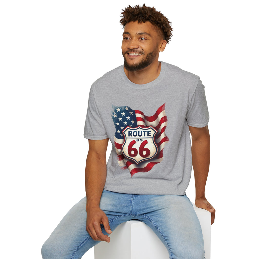 Route 66 Shield with American Flag T-Shirt | Vintage Road Trip Tee