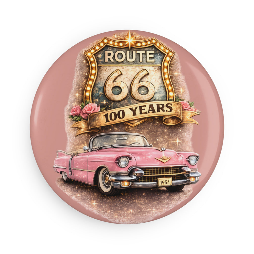 Route 66 100 Years Pink Classic Car Button Magnet