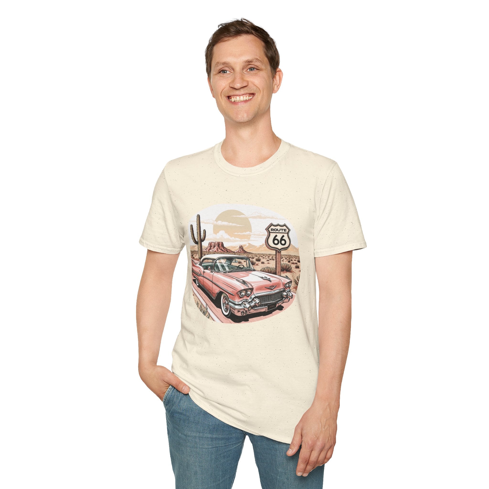 Retro Pink Classic Car Route 66 T-Shirt | Desert Cactus Vintage Roadtrip