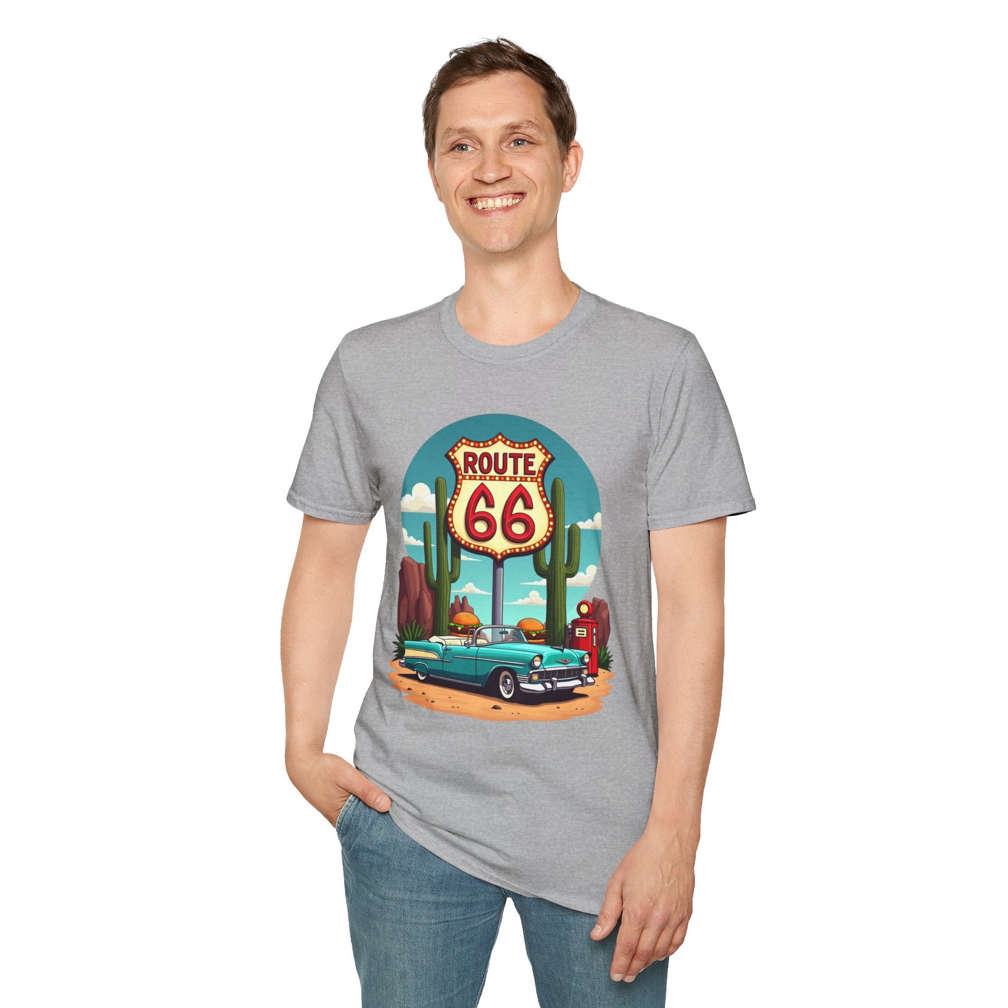 Route 66 Classic Car T-Shirt | Retro Desert Road Sign, Vintage Convertible