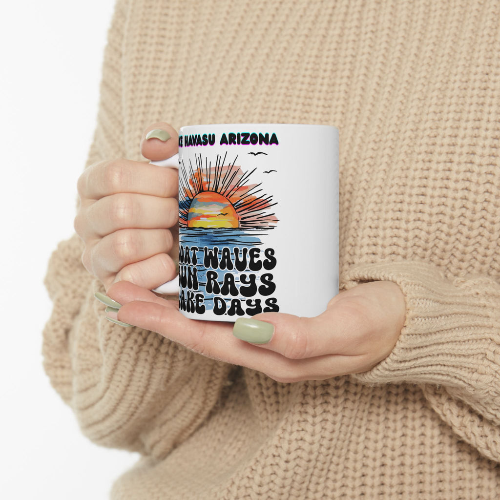Lake Havasu Arizona Sunset Boat Waves Sun Rays Lake Days Mug | Retro Beach Sunrise Ceramic Mug