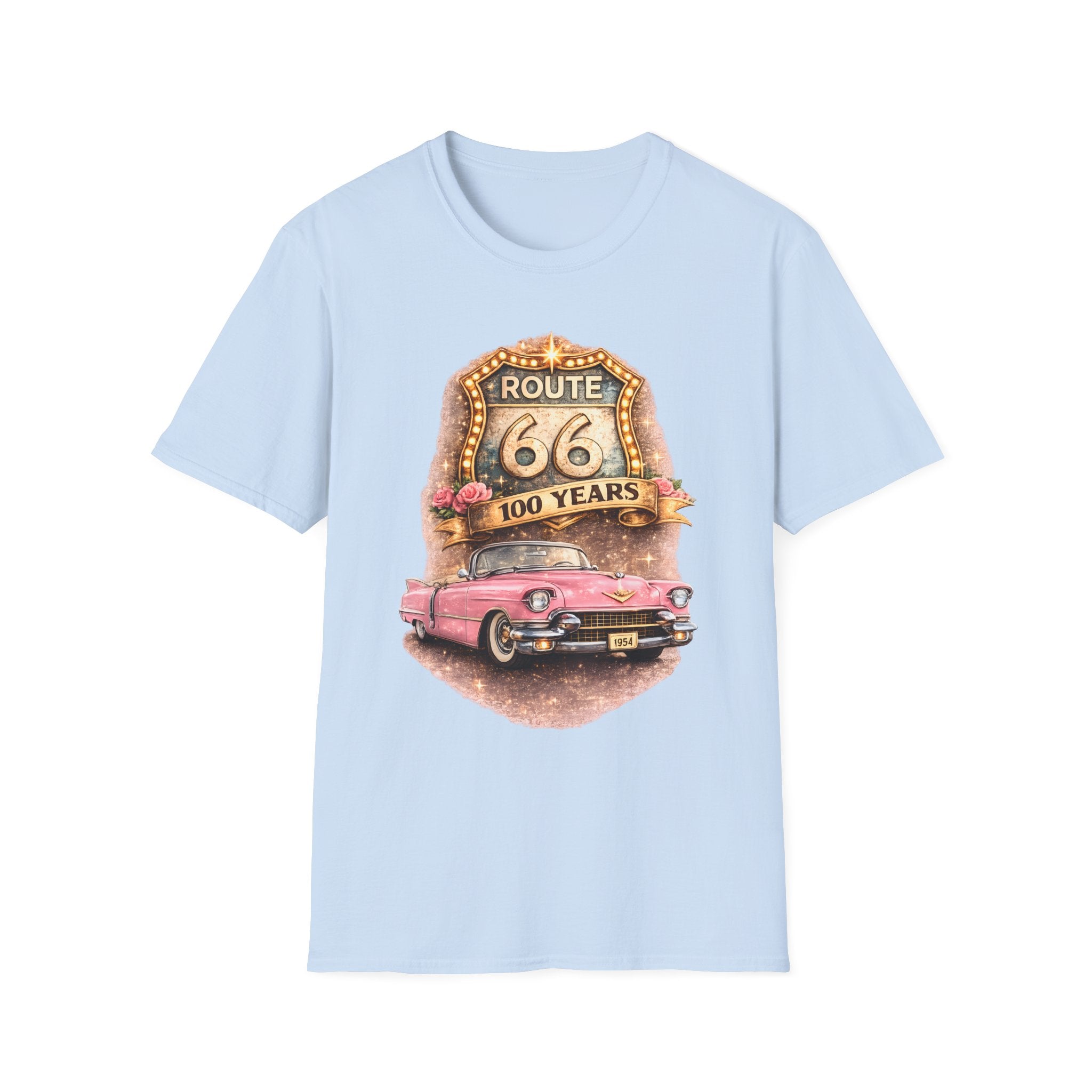 Route 66 100 Years Pink Classic Car T-Shirt | Vintage Road Trip Tee