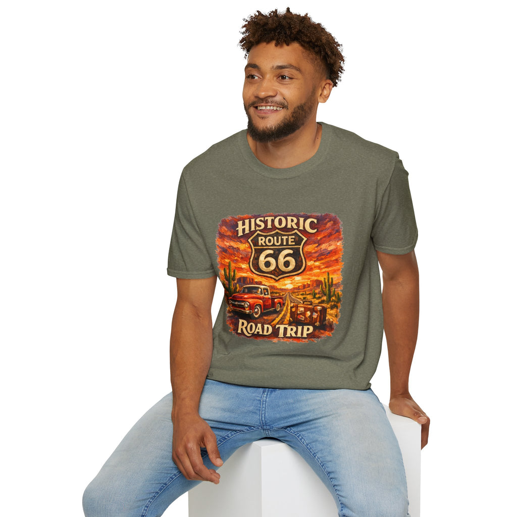 Historic Route 66 Road Trip T-Shirt | Vintage Car Desert Sunset
