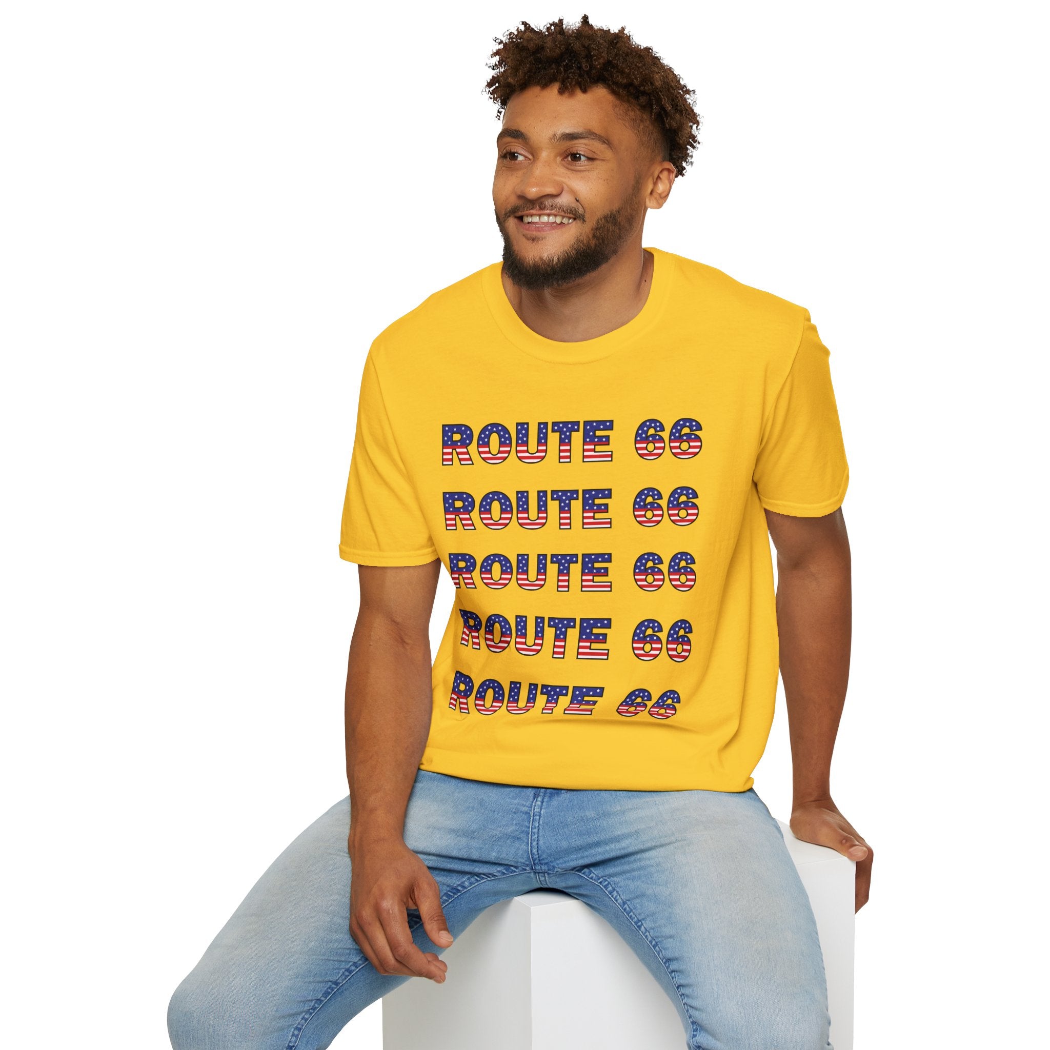 Route 66 Retro Text T-Shirt | American Flag Roadtrip Graphic
