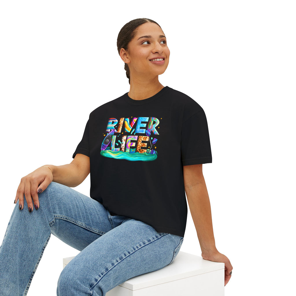 River Life boxy tee | colorful river lettering, kayak, fishing graphics