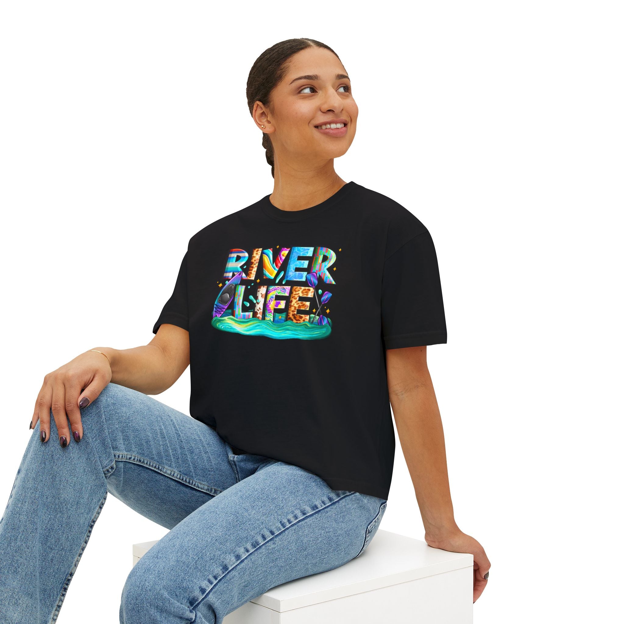 River Life boxy tee | colorful river lettering, kayak, fishing graphics