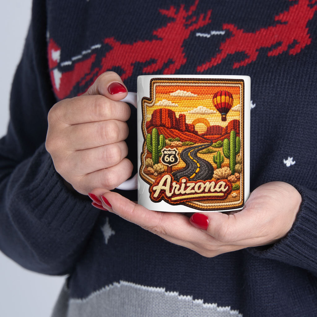 Arizona Desert Patch Mug | Hot Air Balloon, Cactus, Sunset Scene