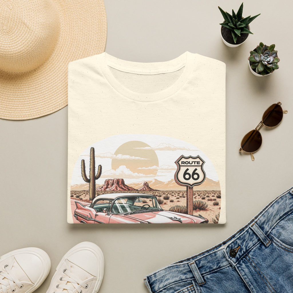 Retro Pink Classic Car Route 66 T-Shirt | Desert Cactus Vintage Roadtrip