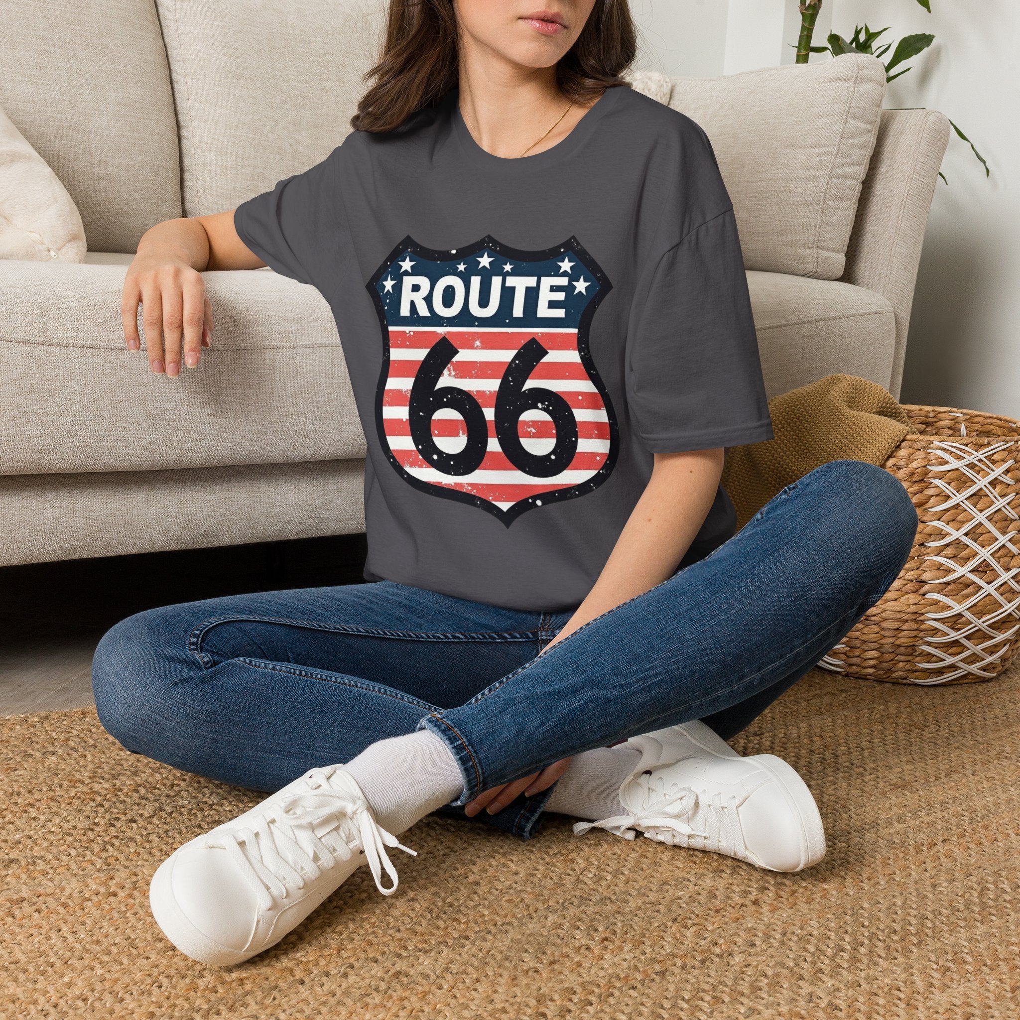 Route 66 Shield T-Shirt | American Flag Vintage Road Sign