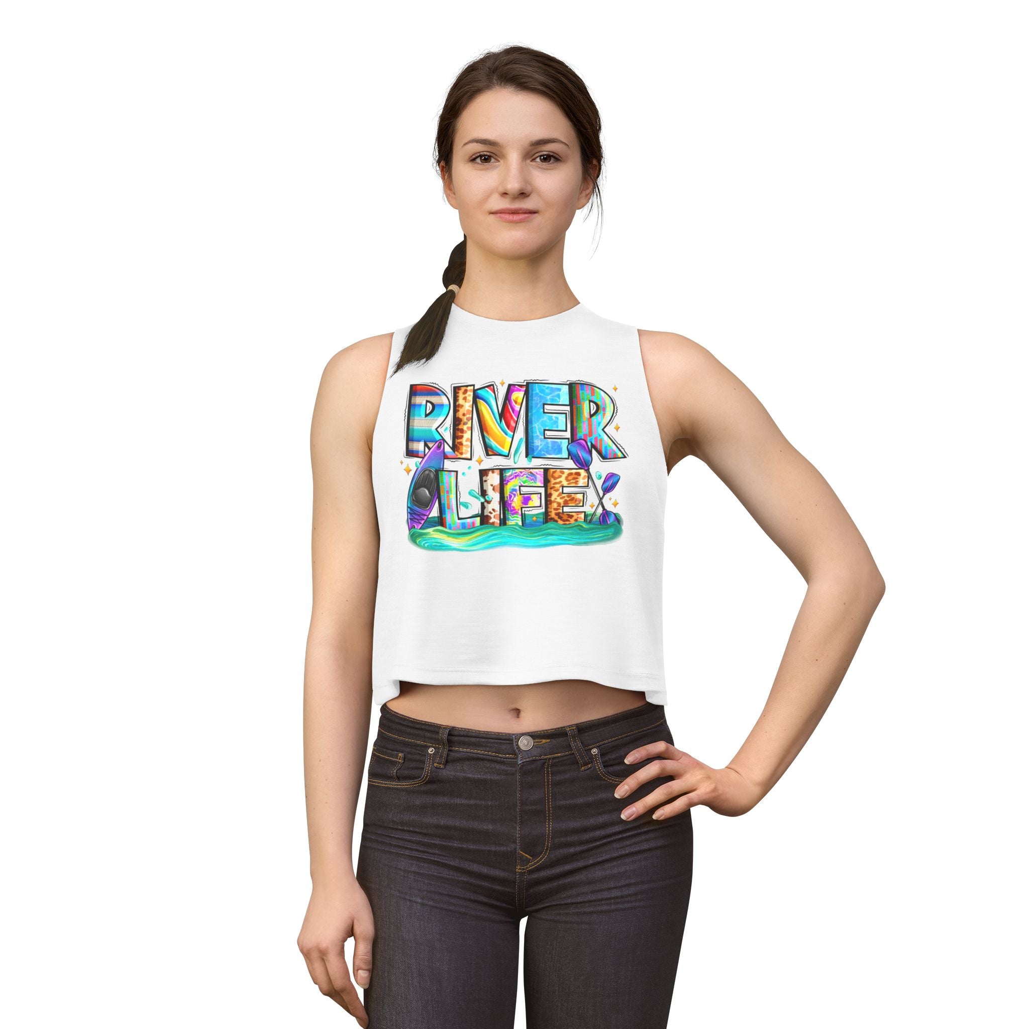 River Life Graphic Women's Crop Top | Kayak Paddle River Scene