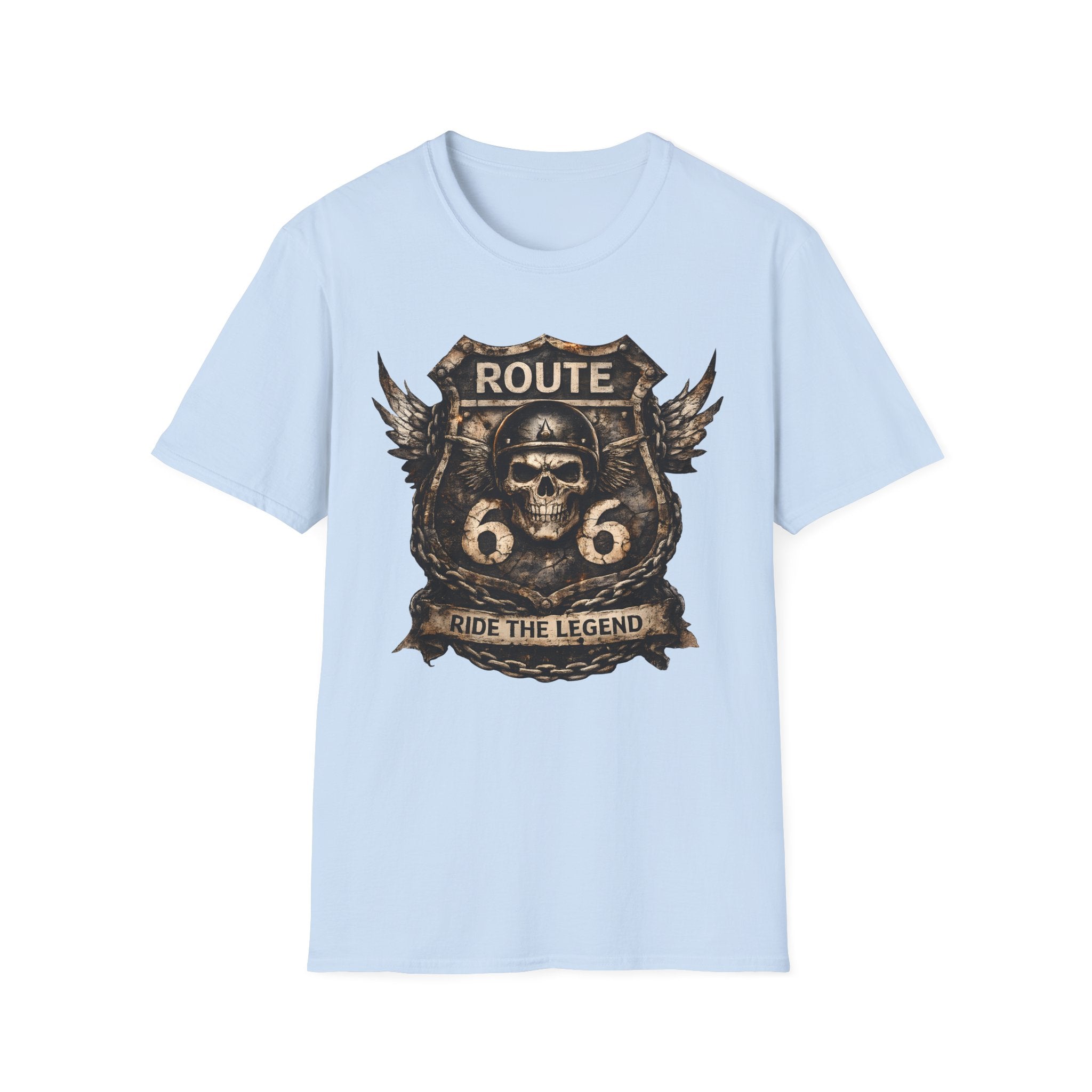 Route 66 Skull Badge T-Shirt | Ride the Legend, Winged Helmet Motorcycle Design