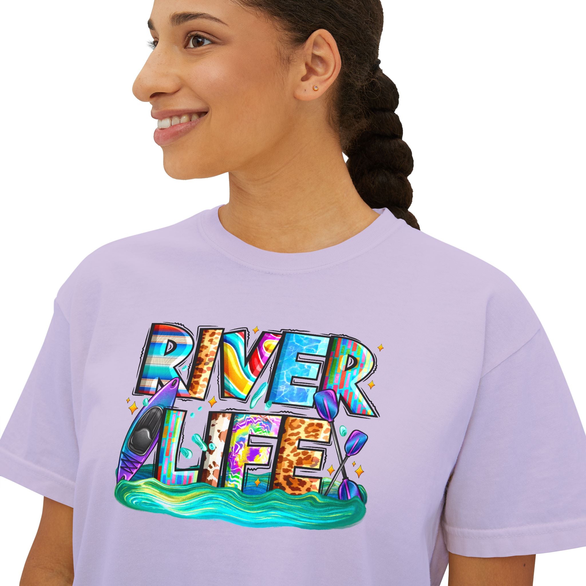 River Life boxy tee | colorful river lettering, kayak, fishing graphics