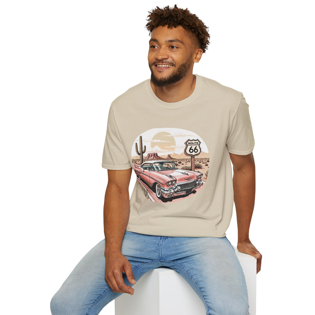 Retro Pink Classic Car Route 66 T-Shirt | Desert Cactus Vintage Roadtrip