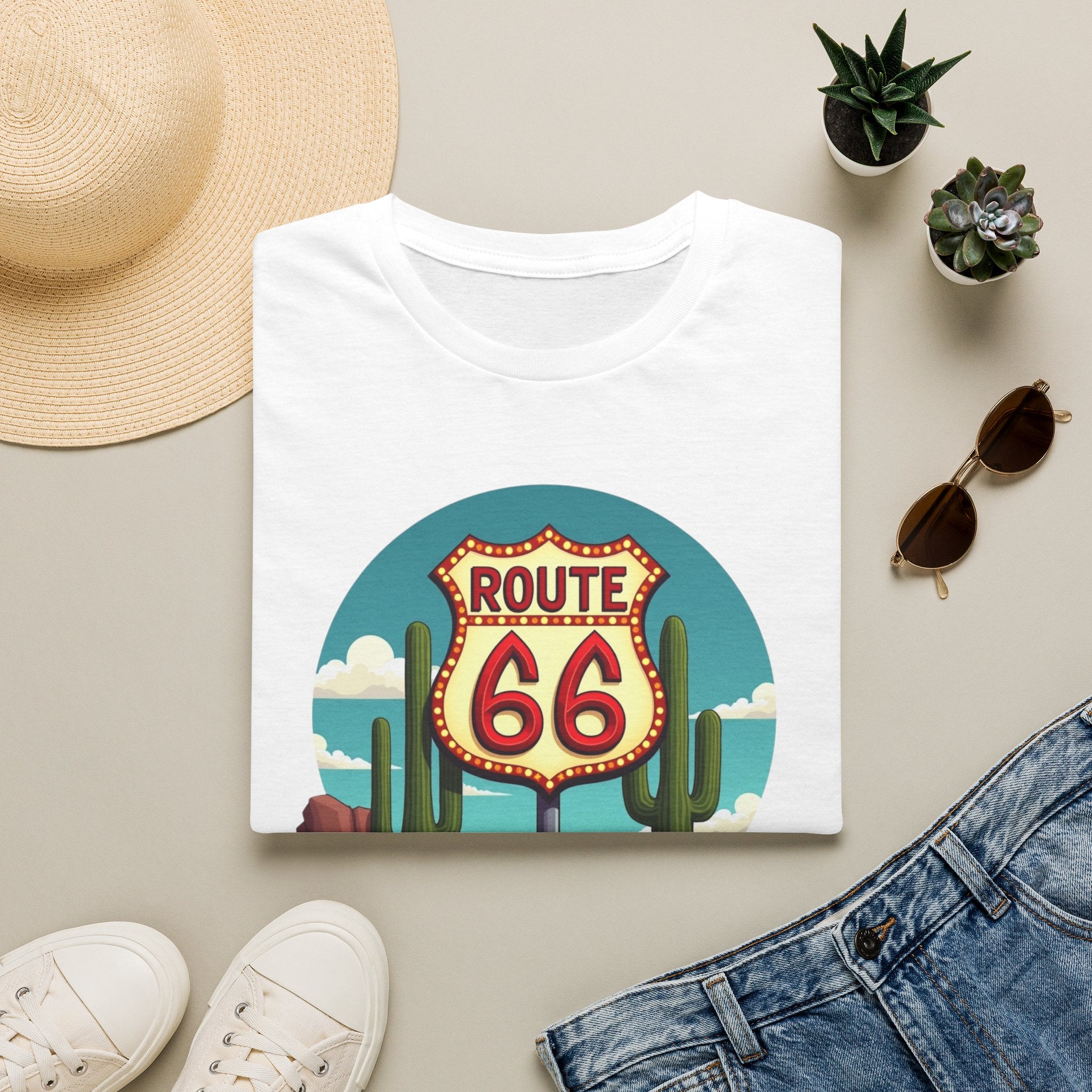 Route 66 Classic Car T-Shirt | Retro Desert Road Sign, Vintage Convertible