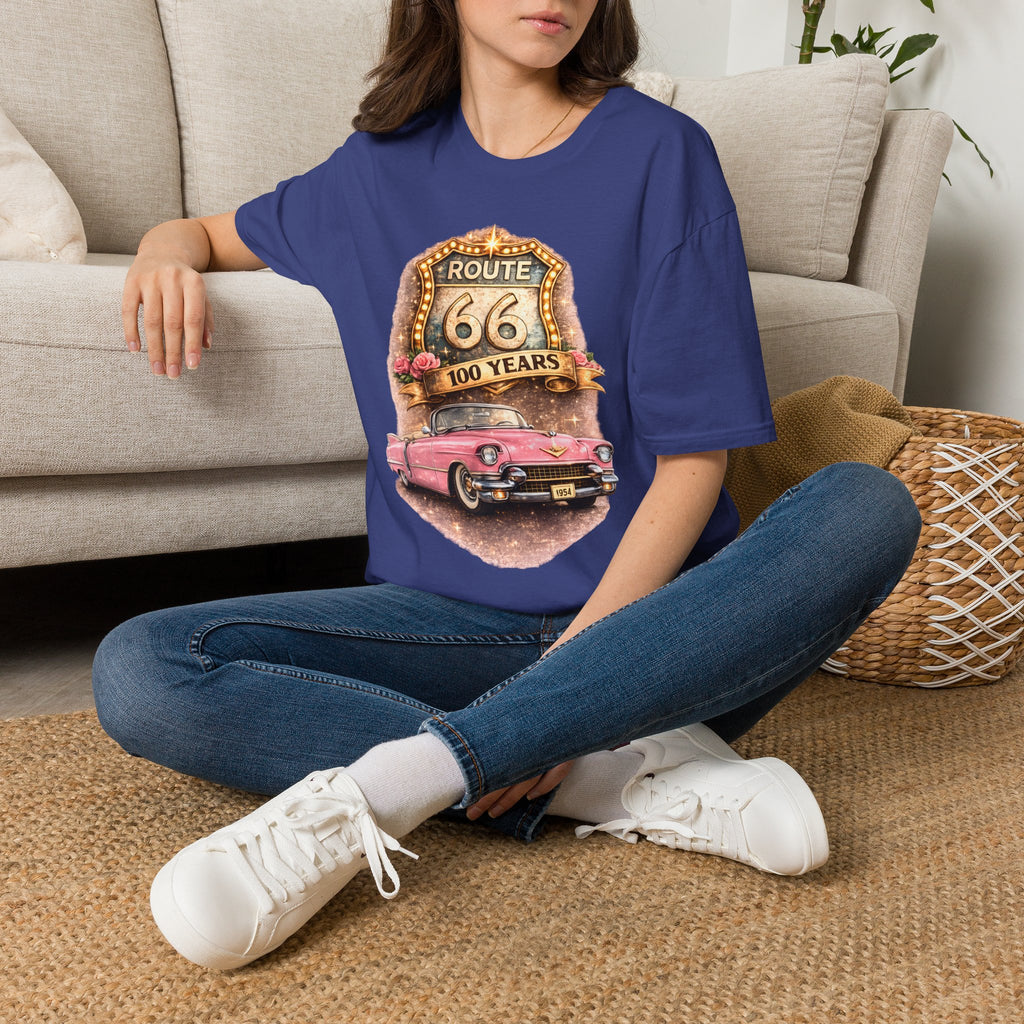 Route 66 100 Years Pink Classic Car T-Shirt | Vintage Road Trip Tee