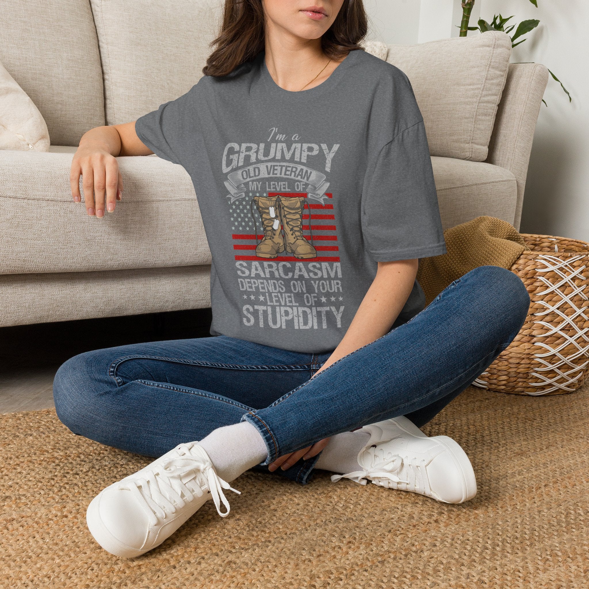Grumpy Old Veteran Boots, T-Shirt | American Flag, Sarcasm Depends on Stupidity