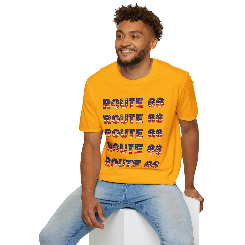Route 66 Retro Text T-Shirt | American Flag Roadtrip Graphic