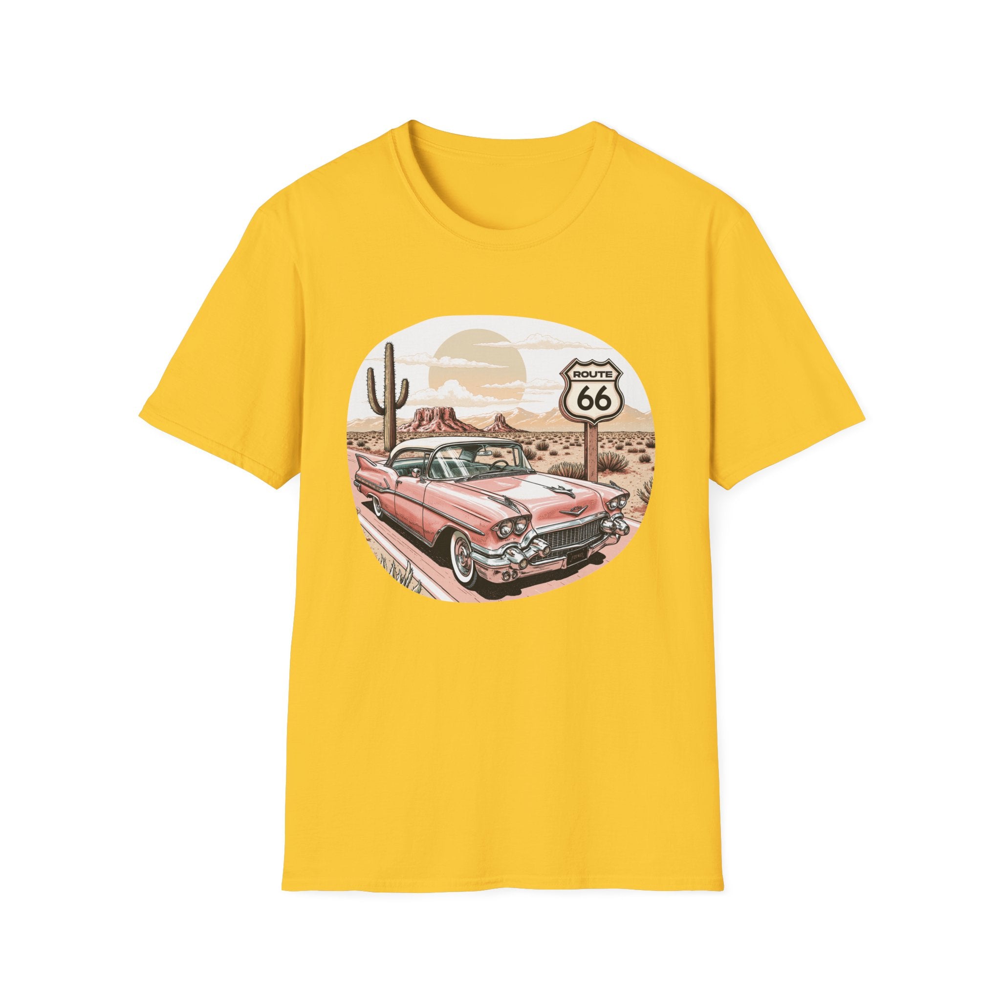 Retro Pink Classic Car Route 66 T-Shirt | Desert Cactus Vintage Roadtrip